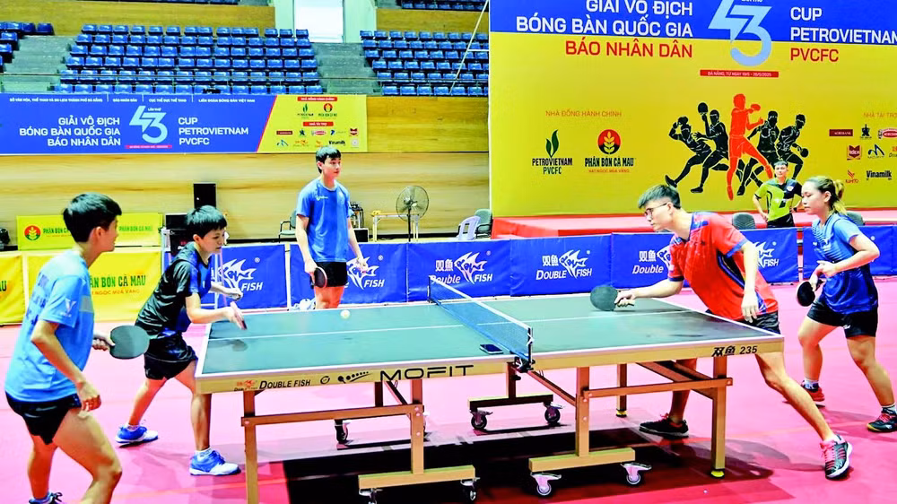 Các vận động viên tập luyện, làm quen với điều kiện thi đấu tại Cung Thể thao Tiên Sơn. (Ảnh: DUY LINH)