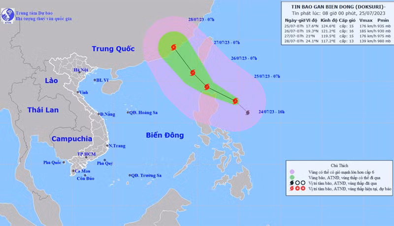 Vị trí và hướng di chuyển của bão Doksuri. (Nguồn: nchmf.gov.vn)