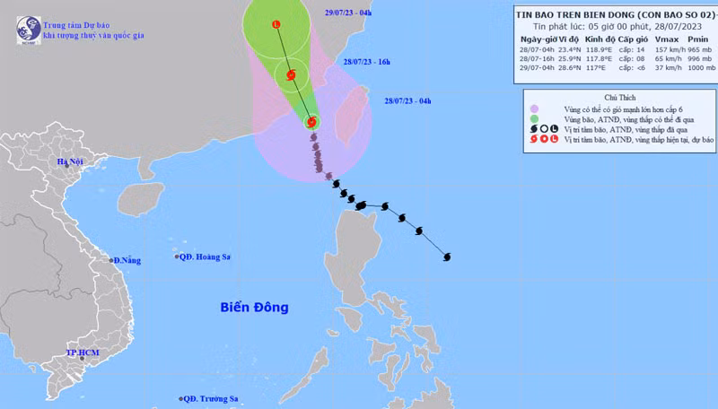 Vị trí và hướng di chuyển của bão số 2. (Nguồn: nchmf.gov.vn)