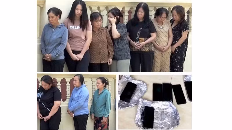 Các đối tượng trộm cắp, móc túi cùng tang vật vụ án.