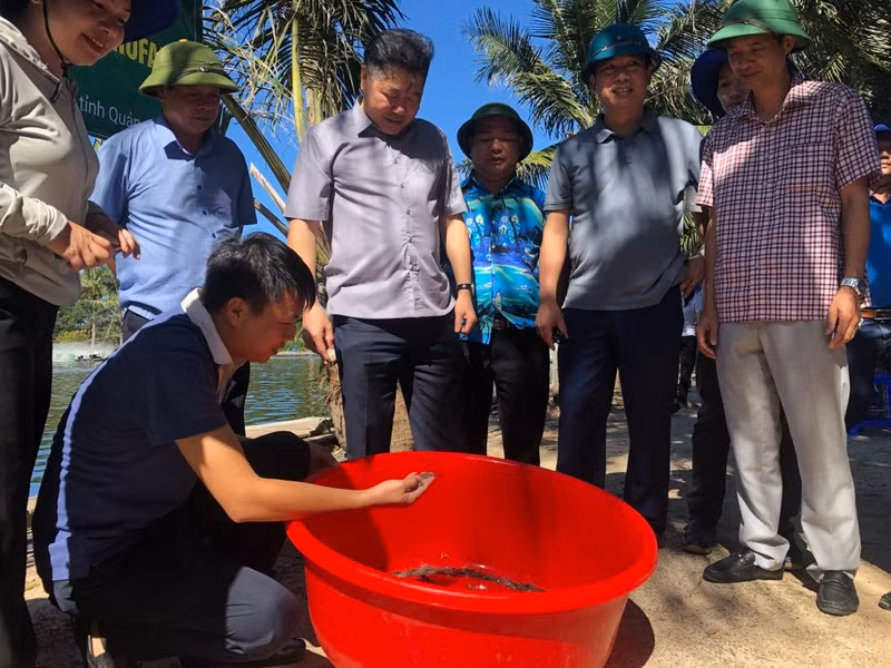 Giám đốc Trung tâm Khuyến nông quốc gia Lê Quốc Thanh thăm mô hình nuôi tôm ở Quảng Bình.