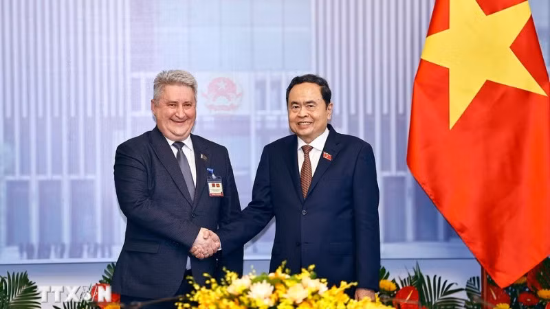 Chủ tịch Quốc hội Trần Thanh Mẫn tiếp Phó Chủ tịch Hạ viện Cộng hòa Belarus Ipatau Vadzim. (Ảnh: TTXVN)