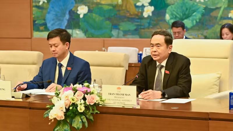 Chủ tịch Quốc hội Trần Thanh Mẫn phát biểu tại buổi tiếp. (Ảnh: DUY LINH)