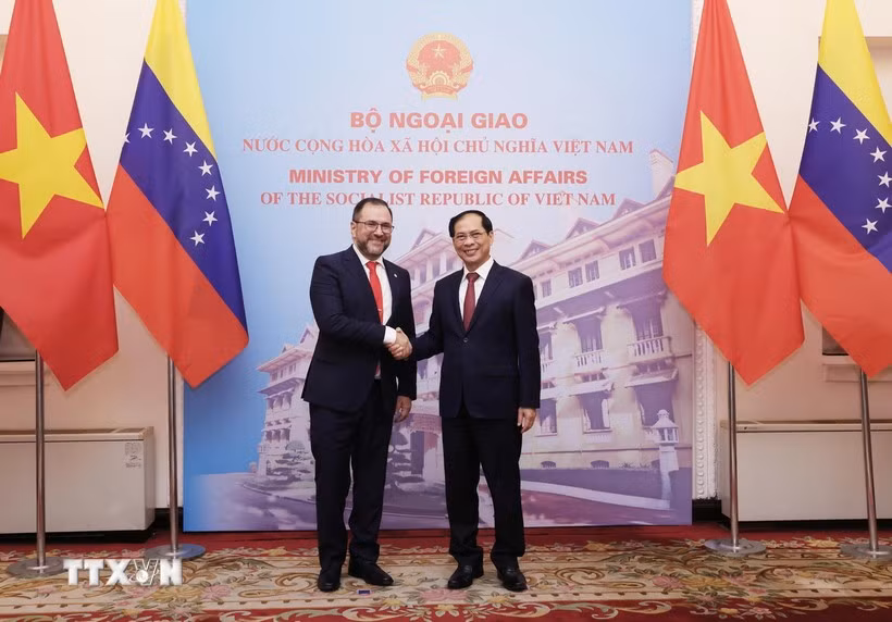 Bộ trưởng Ngoại giao Bùi Thanh Sơn với Bộ trưởng Ngoại giao Cộng hòa Boliva Venezuela Yvan Gil Pinto. (Ảnh: TTXVN)