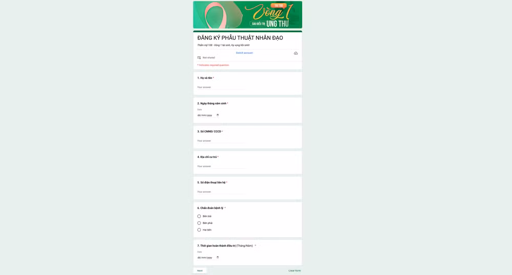 Trang đăng ký tham dự chương trình cho các bệnh nhân có mong muốn được phẫu thuật tái tạo. Trang đăng ký tham dự chương trình cho các bệnh nhân có mong muốn được phẫu thuật tái tạo.