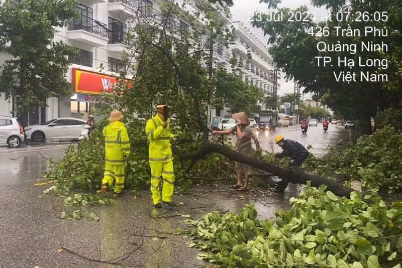 Cảnh sát giao thông giúp người dân thu dọn hậu quả do bão tại thành phố Hạ Long, Quảng Ninh.