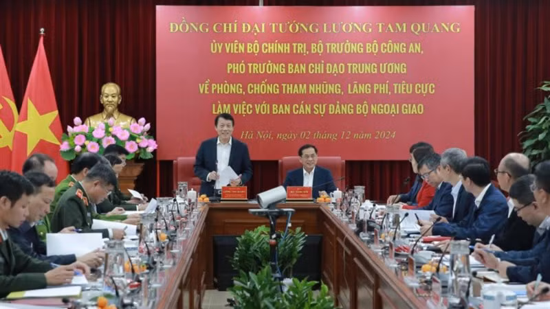 Đại tướng Lương Tam Quang, Ủy viên Bộ Chính trị, Bộ trưởng Công an phát biểu tại buổi làm việc với Ban Cán sự đảng Bộ Ngoại giao về phòng, chống tham nhũng, lãng phí, tiêu cực.
