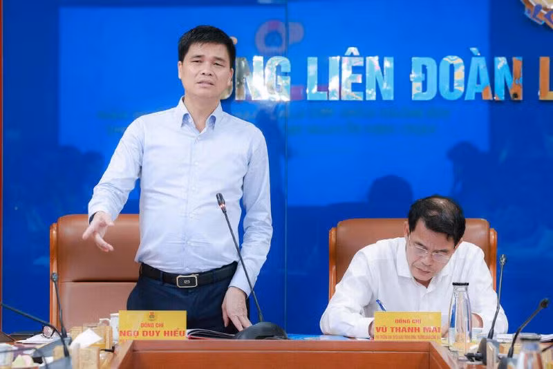 Phó Chủ tịch Tổng Liên đoàn Lao động Việt Nam Ngọ Duy Hiểu phát biểu tại buổi làm việc.