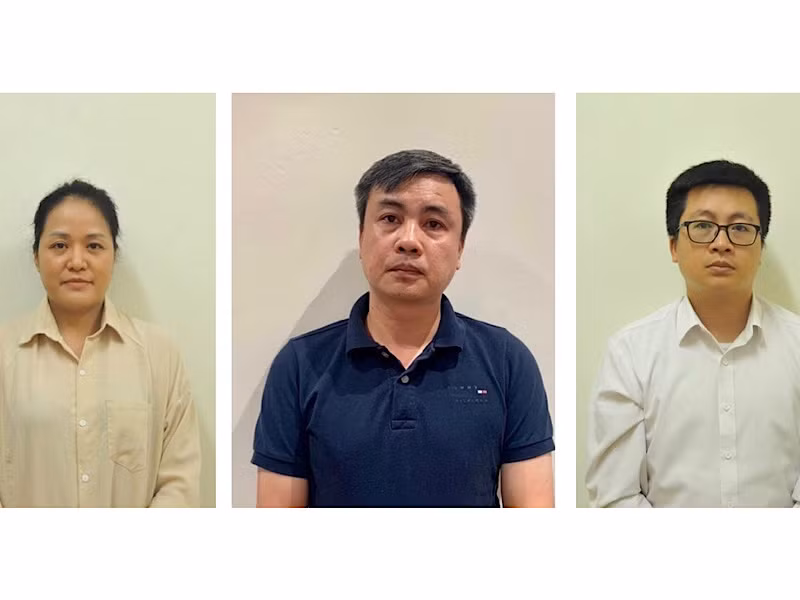 Các bị can ( từ trái qua: Phan Thị Thu Thủy, Trần Tuấn Vinh, Trần Vinh Quang).