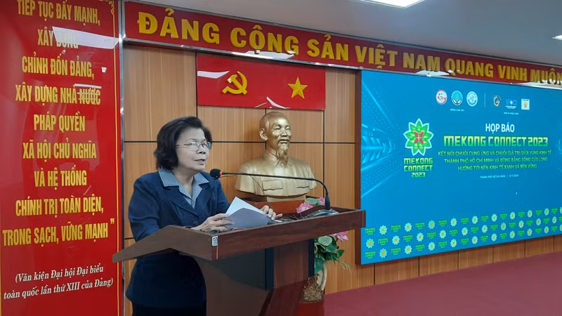 Bà Vũ Kim Hạnh, Chủ tịch Hội doanh nghiệp hàng Việt Nam chất lượng cao phát biểu tại buổi họp báo
