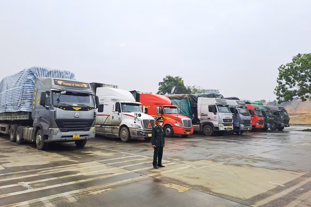 Xe ô-tô chở hàng hóa tập kết ở khu chờ thông quan xuất khẩu sang Hà Khẩu (Trung Quốc). (Ảnh: QUỐC HỒNG) Xe ô-tô chở hàng hóa tập kết ở khu chờ thông quan xuất khẩu sang Hà Khẩu (Trung Quốc). (Ảnh: QUỐC HỒNG)