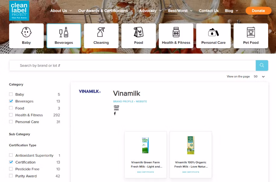 Vinamilk Green Farm &amp; Vinamilk 100% Organic là hai sản phẩm sữa tươi đầu tiên trên thế giới đạt được chứng nhận của tổ chức Clean Label Project từ Mỹ.