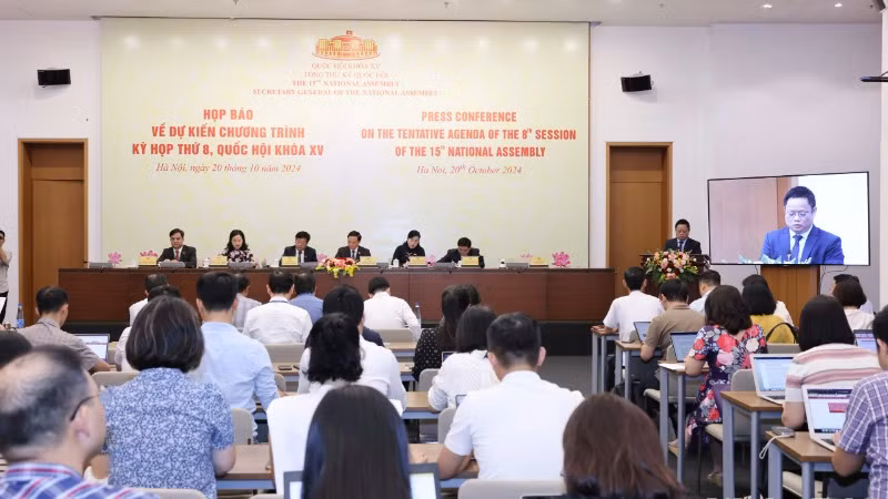 Quang cảnh họp báo về chương trình Kỳ họp thứ 8, Quốc hội Khóa XV. (Ảnh: DUY LINH)