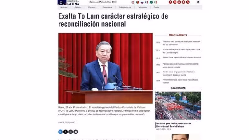 Prensa Latina trích đăng bài viết của Tổng Bí thư Tô Lâm với tiêu đề “Nước Việt Nam là một, dân tộc Việt Nam là một”. (Ảnh: TTXVN)