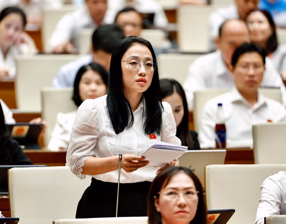 Đại biểu Trần Khánh Thu-Đoàn đại biểu Quốc hội tỉnh Thái Bình phát biểu. (Ảnh: DUY LINH)