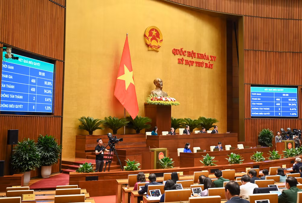 Quốc hội biểu quyết thông qua Luật Quản lý, sử dụng vũ khí, vật liệu nổ và công cụ hỗ trợ (sửa đổi) tại phiên họp sáng 29/6. (Ảnh: DUY LINH) 