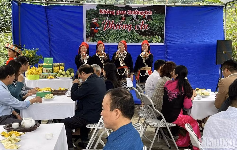 Du khách trải nghiệm không gian thưởng trà tại làng văn hóa dân tộc Dao Phiêng An.