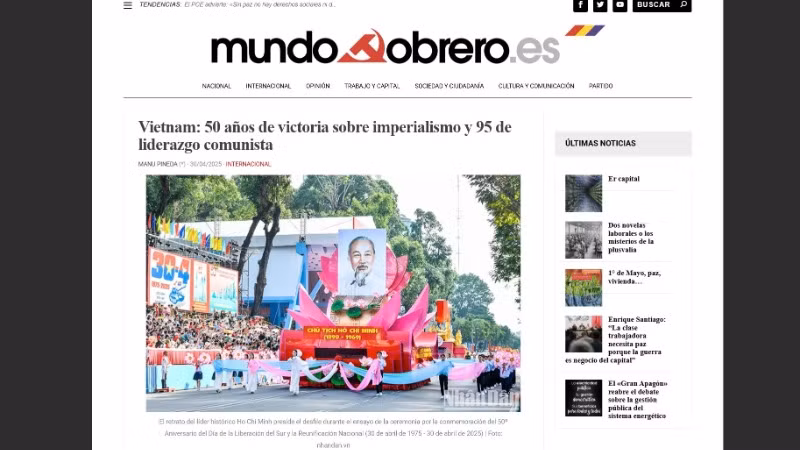 Mundo Obrero, kênh truyền thông chính thức của Đảng Cộng sản Tây Ban Nha đăng bài viết ca ngợi các thành tựu của Việt Nam. (Ảnh chụp màn hình)