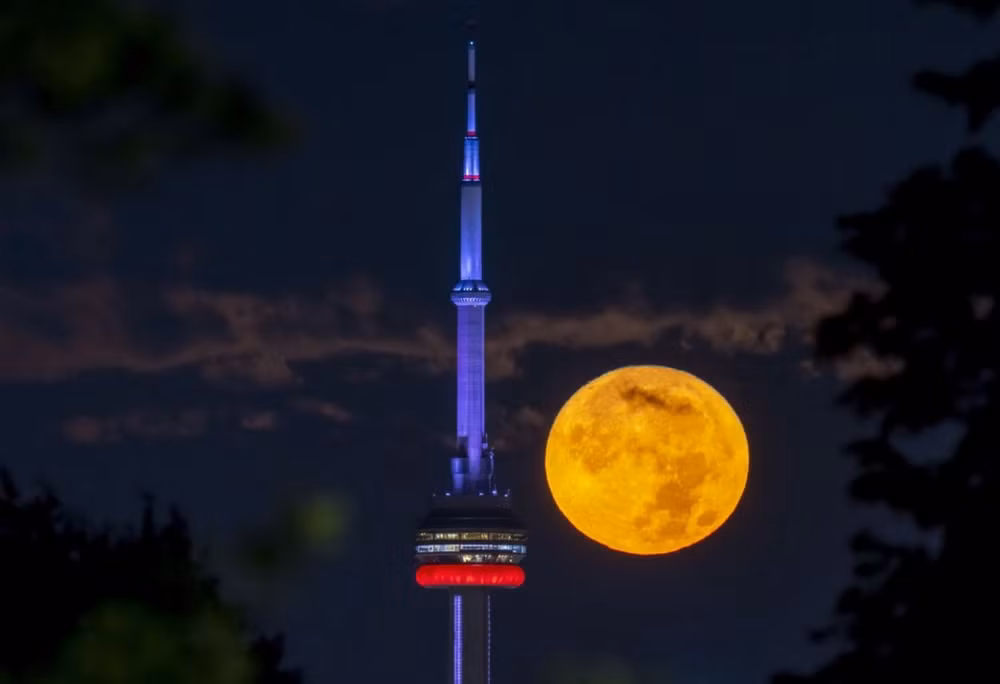 Trăng tròn cùng tháp CN ở Toronto, Canada trong bức ảnh chụp ngày 30/8/2023. (Ảnh: The Canadian Press/AP)