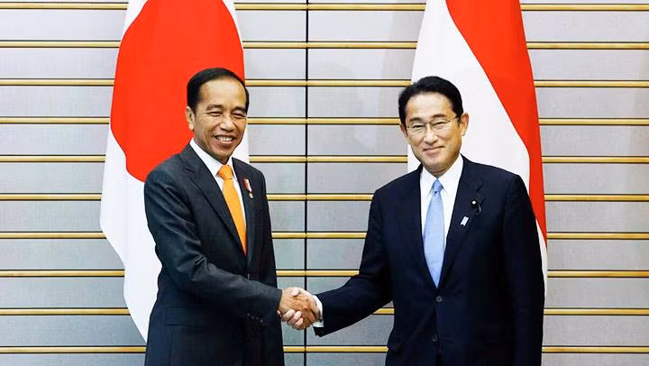 Tổng thống Indonesia Joko Widodo (trái) và Thủ tướng Nhật Bản Fumio Kishida tại cuộc gặp ở Tokyo ngày 27/7. Ảnh: AP