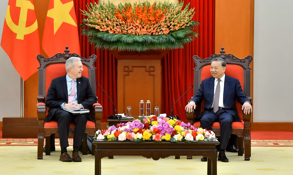 Tổng Bí thư Tô Lâm tiếp ông Ted Osius, Chủ tịch kiêm Tổng Giám đốc Hội đồng Kinh doanh Hoa Kỳ-ASEAN. (Ảnh: ĐĂNG KHOA)