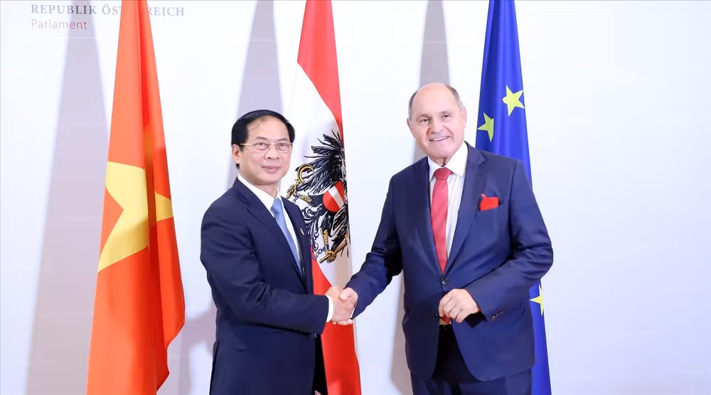 Bộ trưởng Ngoại giao Bùi Thanh Sơn chào xã giao Chủ tịch Hạ viện Áo Wolfgang Sobotka. (Ảnh: TTXVN)