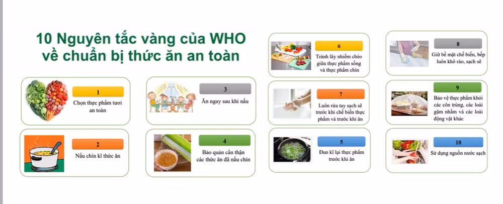 Khuyến cáo của Tổ chức Y tế Thế giới về các nguyên tắc trong chuẩn bị thức ăn an toàn. Khuyến cáo của Tổ chức Y tế Thế giới về các nguyên tắc trong chuẩn bị thức ăn an toàn.