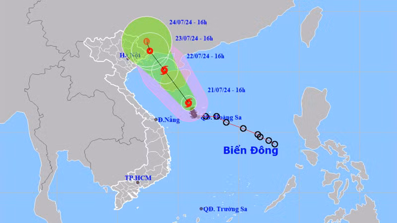 Vị trí và hướng di chuyển của bão số 2 lúc 16 giờ ngày 21/7. (Nguồn: nchmf.gov.vn)