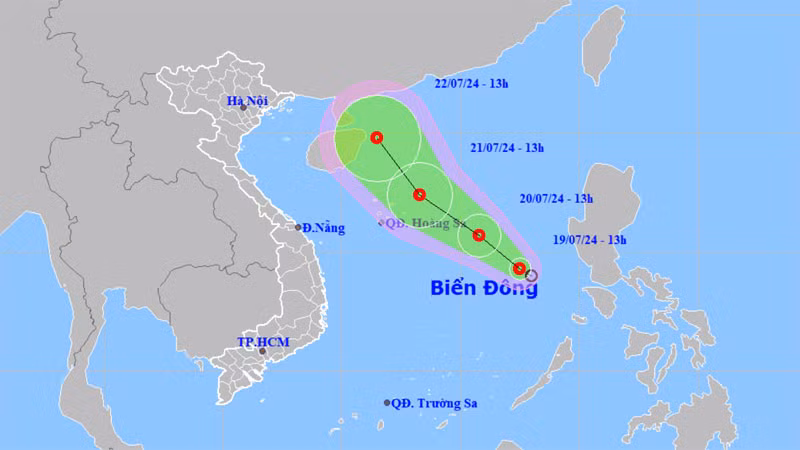 Vị trí và hướng di chuyển của áp thấp nhiệt đới lúc 13 giờ ngày 19/7. (Nguồn: nchmf.gov.vn)
