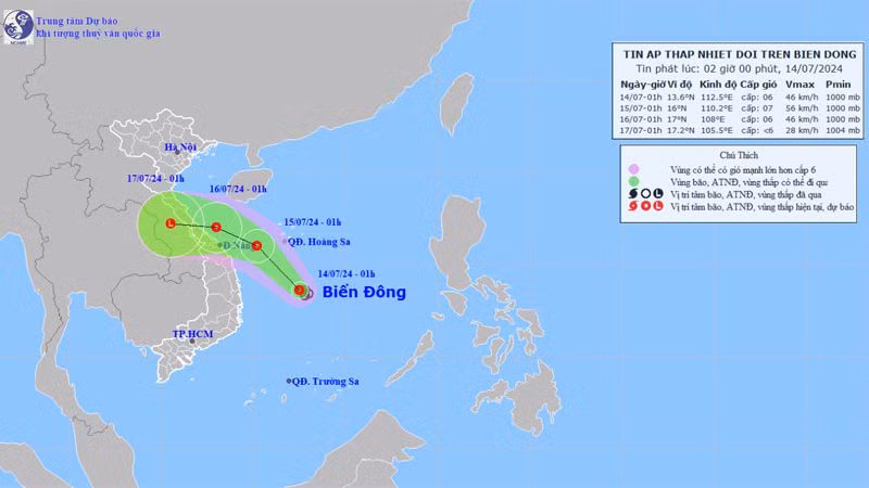 Vị trí và hướng di chuyển của áp thấp nhiệt đới. (Nguồn: nchmf.gov.vn)