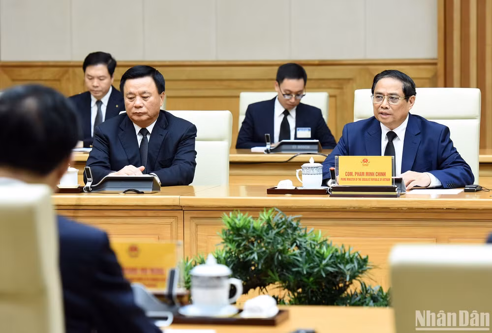 Thủ tướng Phạm Minh Chính phát biểu tại buổi tiếp Chủ tịch Chính hiệp Toàn quốc Trung Quốc Vương Hộ Ninh.
