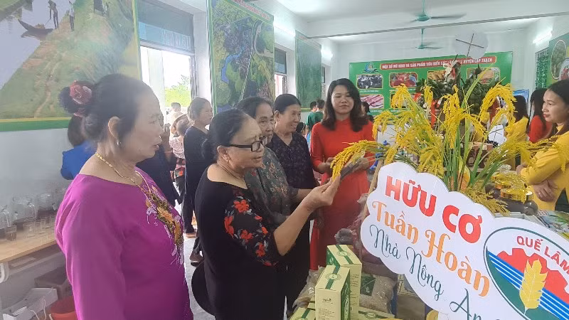 Người dân tham quan gian trưng bày sản phẩm nông nghiệp huyện Lập Thạch.
