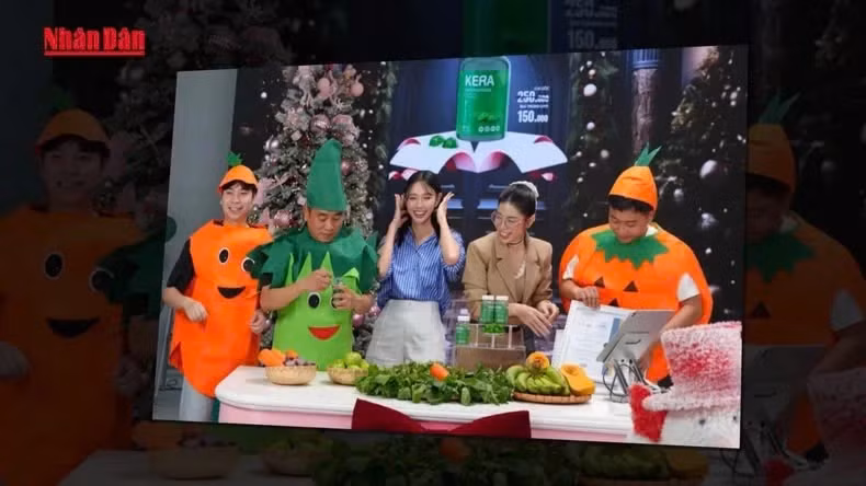 Hoa hậu Thùy Tiên, Hằng Du Mục và Quang Linh Vlogs bán hàng livestream quảng cáo sản phẩm giả. (Ảnh: nhandan.vn)