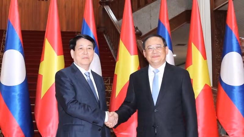 Chủ tịch nước Lương Cường hội kiến Thủ tướng Chính phủ Lào Sonexay Siphandone. (Ảnh: Lâm Khánh/TTXVN) 