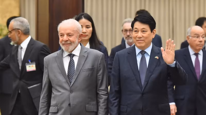 Chủ tịch nước Lương Cường và Tổng thống Luiz Inácio Lula da Silva tại buổi chiêu đãi.
