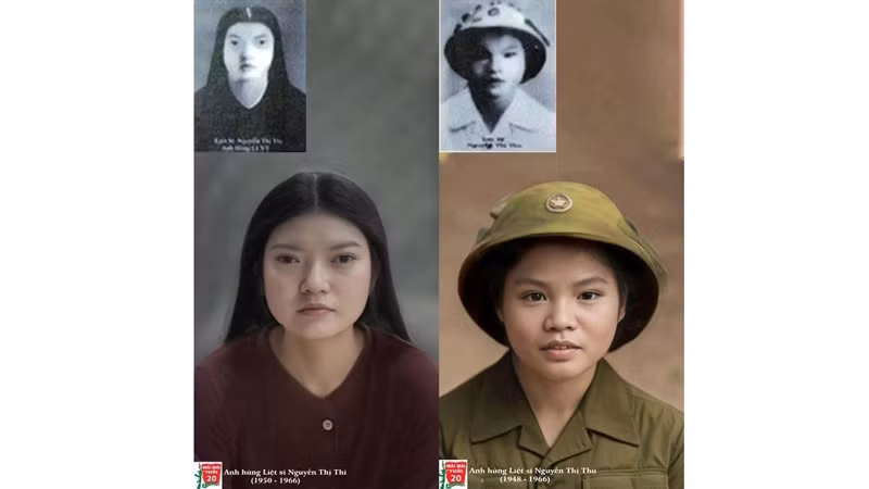 Ảnh chân dung Liệt sĩ Nguyễn Thị Thi (trái) và Nguyễn Thị Thu (phải) trước và sau khi được phục dựng.