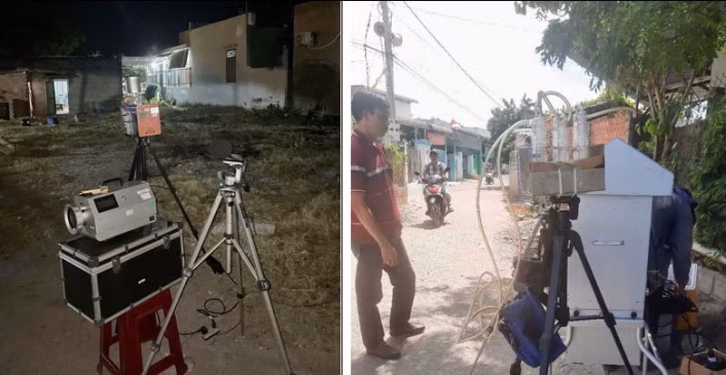 Đoàn kiểm tra đo đạc, lấy mẫu không khí chung quanh, tiếng ồn tại khu vực các hộ dân giáp ranh với Trung tâm Điện lực Vĩnh Tân.