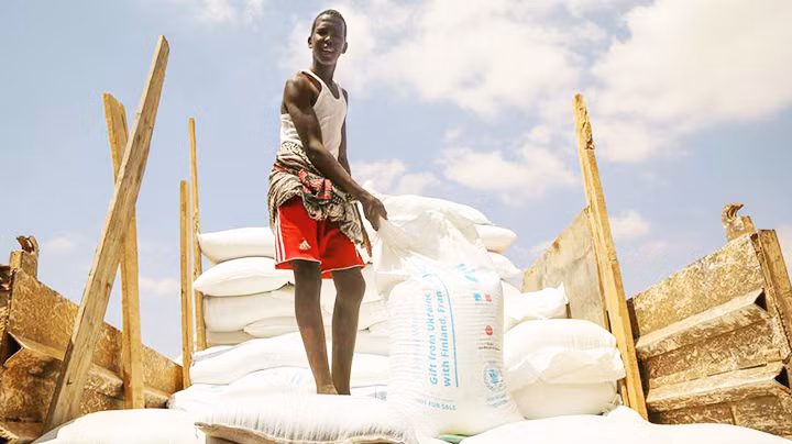 Ngũ cốc từ Ukraine phát miễn phí tại Somalia. Ảnh: REUTERS