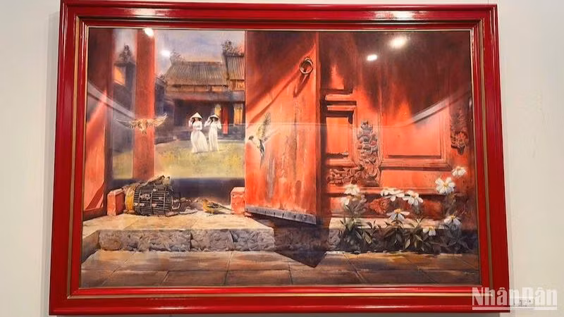 "Lầu son" của họa sĩ Đoàn Quốc, một tác phẩm đã được sưu tập ngay trong ngày triển lãm. "Lầu son" của họa sĩ Đoàn Quốc, một tác phẩm đã được sưu tập ngay trong ngày triển lãm.