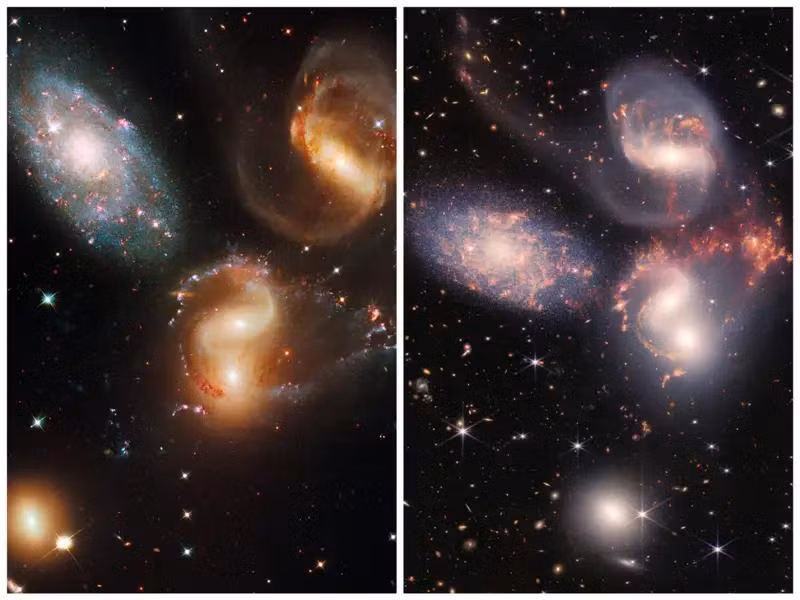 Cụm thiên hà Stephan's Quintet qua kính thiên văn Hubble (trái) và James Webb (phải). (Ảnh: NASA) Cụm thiên hà Stephan's Quintet qua kính thiên văn Hubble (trái) và James Webb (phải). (Ảnh: NASA)