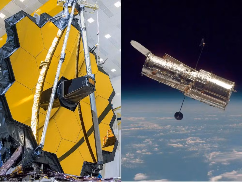 Kính viễn vọng không gian James Webb (trái) mạnh gấp hơn 100 lần so với kính viễn vọng không gian Hubble (phải). (Ảnh: NASA) Kính viễn vọng không gian James Webb (trái) mạnh gấp hơn 100 lần so với kính viễn vọng không gian Hubble (phải). (Ảnh: NASA)