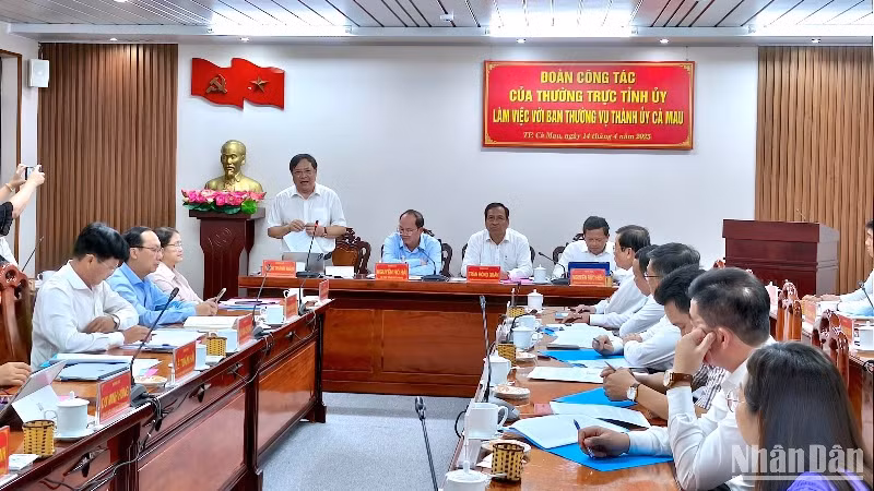 Chủ tịch Ủy ban nhân dân tỉnh Cà Mau Phạm Thành Ngại (đứng) giải đáp một số thắc mắc, kiến nghị tại buổi làm việc với Ban Thường vụ thành phố Cà Mau.