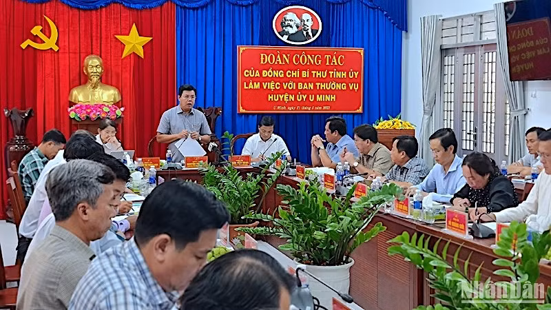 Bí thư Tỉnh ủy Cà Mau Nguyễn Tiến Hải (đứng) chỉ đạo tại buổi làm việc với Ban Thường vụ Huyện ủy U Minh vào chiều 31/5. 