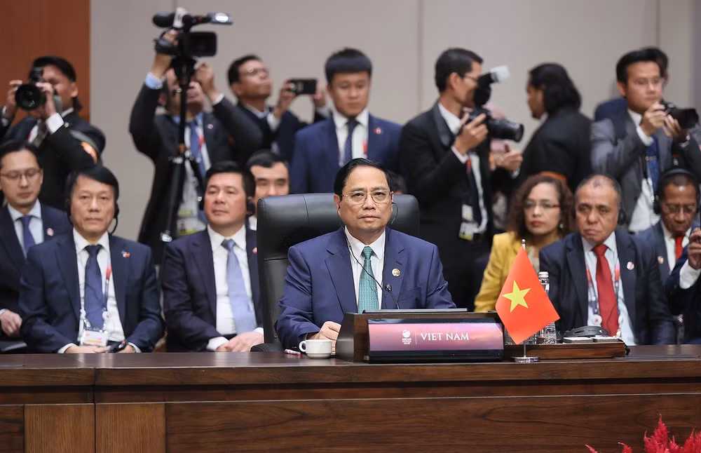 Thủ tướng Phạm Minh Chính phát biểu tại Hội nghị Cấp cao ASEAN - Trung Quốc lần thứ 26. (Ảnh: Dương Giang)