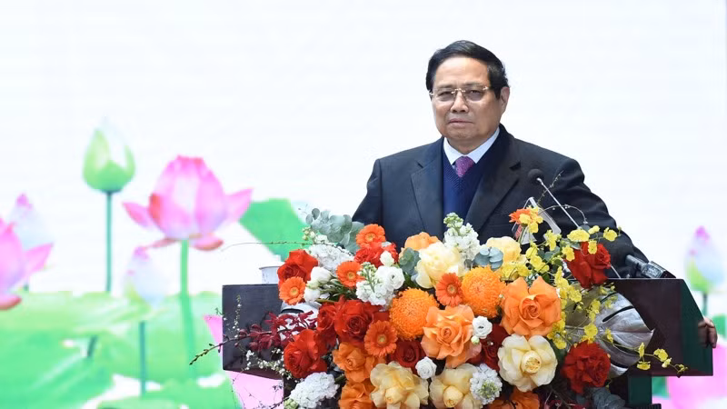 Thủ tướng Phạm Minh Chính phát biểu ý kiến tại Lễ kỷ niệm. (Ảnh: TRẦN HẢI)