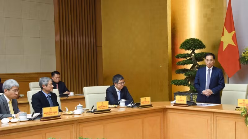 Phó Thủ tướng, Bộ trưởng Ngoại giao Bùi Thanh Sơn phát biểu ý kiến tại cuộc gặp mặt. (Ảnh: TRẦN HẢI)