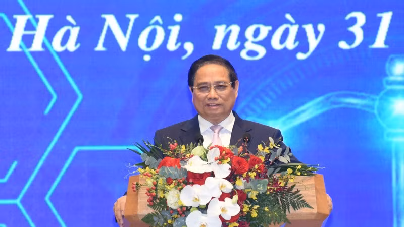 Thủ tướng Chính phủ Phạm Minh Chính phát biểu ý kiến tại Lễ khai trương Cổng Pháp luật quốc gia. (Ảnh: TRẦN HẢI)