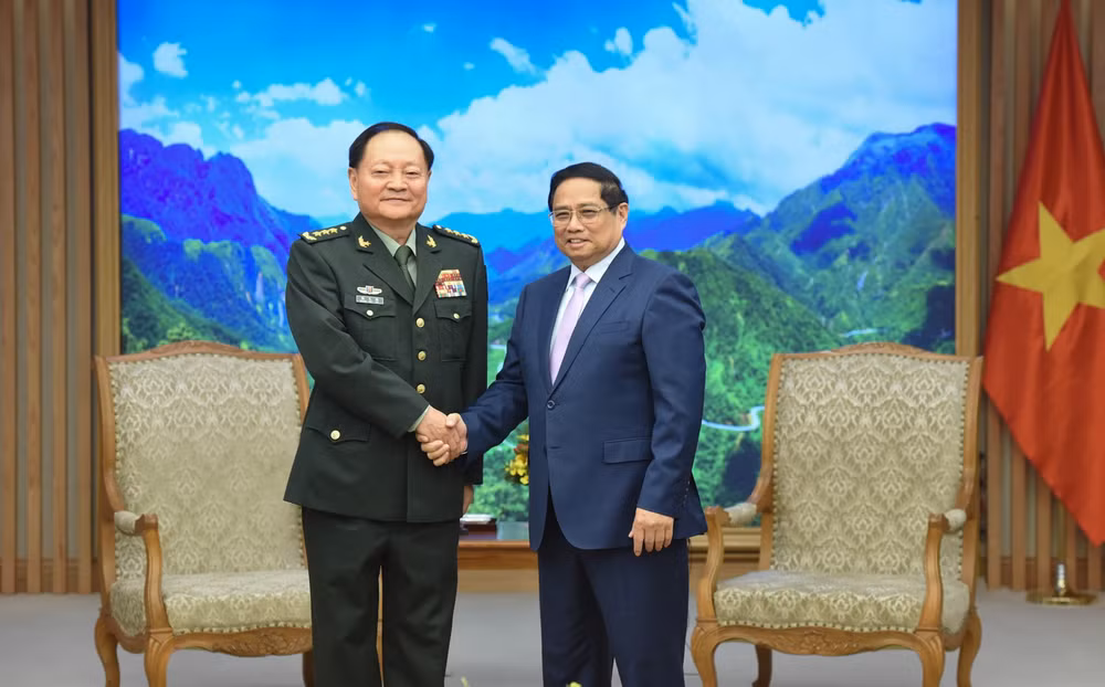 Thủ tướng Phạm Minh Chính và Thượng tướng Trương Hựu Hiệp, Ủy viên Bộ Chính trị, Phó Chủ tịch Quân ủy Trung ương Trung Quốc. (Ảnh: Trần Hải)