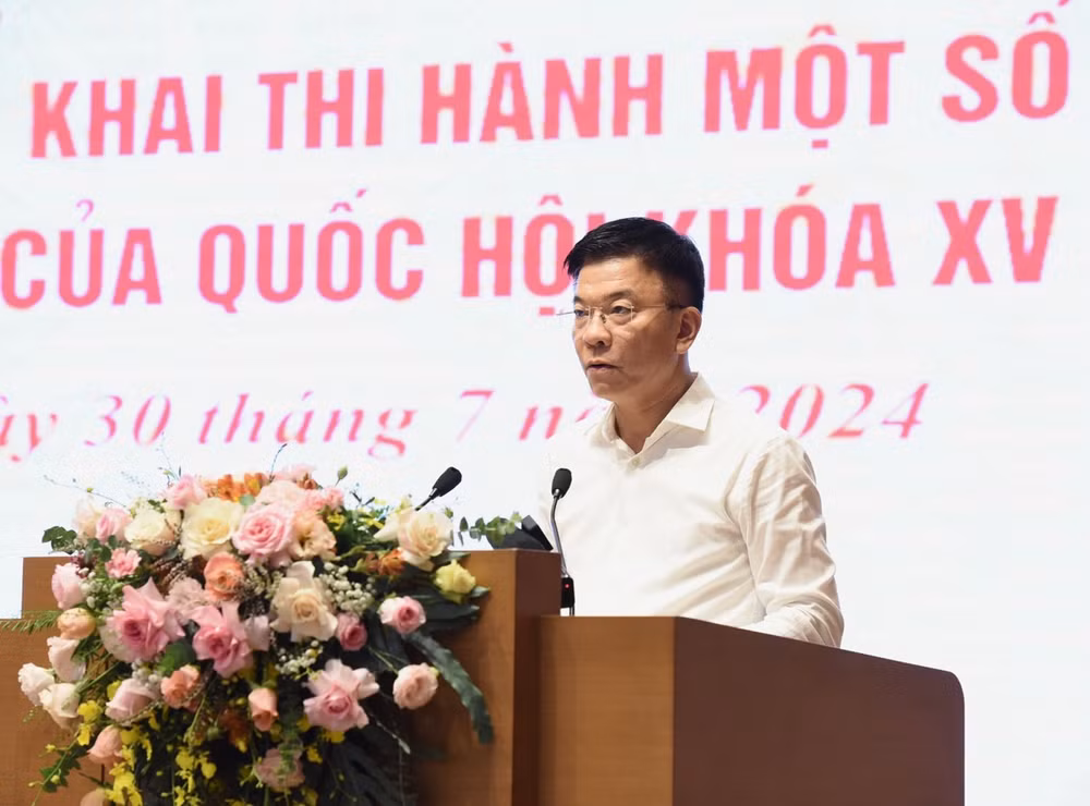 Phó Thủ tướng Chính phủ Lê Thành Long báo cáo tại Hội nghị.