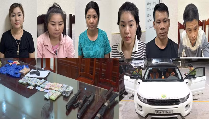 Sáu đối tượng cùng tang vật liên quan vụ án.
